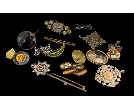 Mixed Lot of Antique Jewellery &amp; Badges.  Good mixed lot of yellow metal, enamel badges, fob, cufflinks, antique bar broo