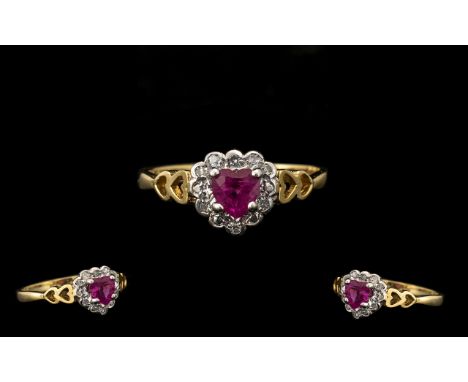 Ladies Ruby &amp; Diamond Chip Ring in Heart Shape Setting, with heart shaped shanks.  Ring size P.
