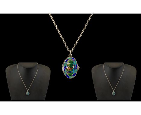 Silver and Enamel Pendant and Necklace. Enamel / Cloisonne Pendant Locket, Suspended on a Silver Chain, Continental. Fully Ha