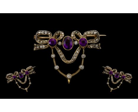Early Victorian Period Exquisite and Superb Quality Diamond and Amethyst Sweetheart Set Brooch/Pendant - The 3 central Amethy