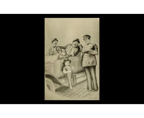 Laurel and Hardy Print. Laurel and Hardy Joking with a Confused Policeman Next to their Car, Limited Edition, Print 15/250 Se