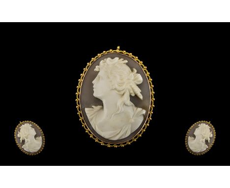 9ct Gold Oval Mounted Shell Cameo Brooch with Attached 9ct Gold Safety Chain, Depicts The Shoulder Portrait of a Classical Ma