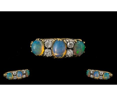 Antique Period Excellent Quality 18ct Gold Opal and Diamond Set Dress Ring, Marked 18ct to Interior of Shank. c.1880's. The N