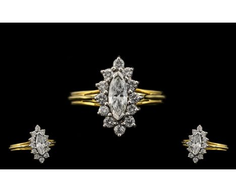 Ladies - Attractive and Top Quality 18ct Gold Diamond Set Dress Ring, The Central Faceted Marquise Cut Diamonds of Top Colour