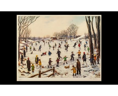 Tom Dodson ( 1979 ) Limited Edition Print ' Winter Ice Skating ' Pencil Signed to the Margins with Blind Stamp, Frame and Gla