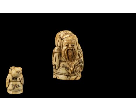 Ivory / Bone Netsuke Carved Figure Group of Man Holding Sack. Signed to Base, Please See Photo. 