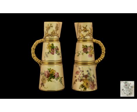 Royal Worcester Hand Painted Pair of Blush Ivory Tapered Jugs / Vases, Decorated In Painted Images of Summer Flowers on Blush