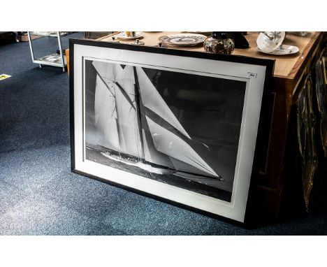OKA Large Contemporary Photographic Print of an Ocean Going Yacht In Full Sail, In Black Slip. Framed and Glazed. Size 32 x 4