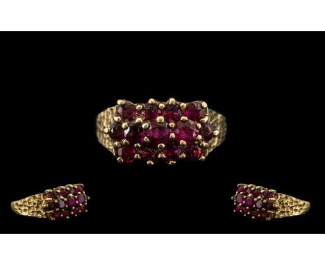 Ladies - Attractive 9ct Gold Garnet Set Cluster Ring. Full Hallmark to Shank. Ring Size - M. All Aspects of Condition Is Exce