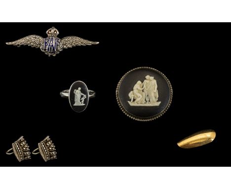 A Small Mixed Lot of Silver Jewellery to include an RAF sweetheart brooch set with marquesites, a Wedgwood black jasper ware 