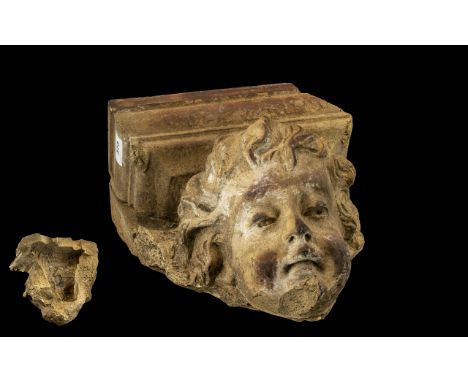 A Life Sized Unglazed Stoneware Finely Sculpted Angelic Cherubs Head Corbel Bracket, In The Manner of George Tinworth ( 1843 