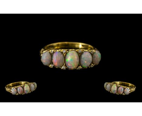 Edwardian Period Attractive 18ct Gold Opal and Diamond Set Dress Ring, In a Gallery Setting. Hallmark London 1904, The Five N