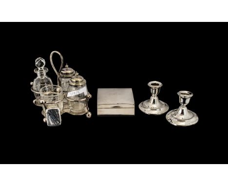 Collection of Silver Plated &amp; Silver. Includes ( 4 ) Piece Silver Plated Cruet Set, E.P.N.S Frame, Silver Cigarette Box, 