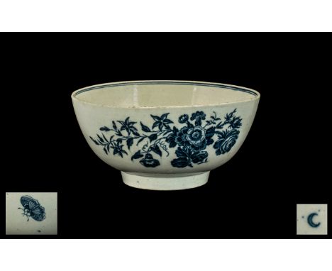 18th Century Worcester Slop Bowl, transfer printed in blue with flowers and butterflies; Crescent mark to base c1760's; 6 inc