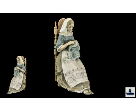 Lladro - Superb Hand Painted Tall Figure ' Embroiderer ' Model No 4865. Issued 1974 - 1991. Height 11 Inches - 27.5 cm. 1st Q