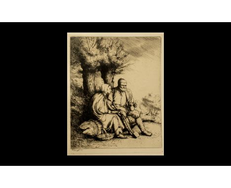 William Strong F.S.P.E Original Etching of the Wood - Cutter and WIfe ( The Woodman ) Resting Having Vitals. Unframed Clean C