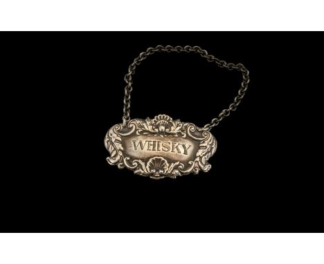 Silver Whisky Decanted Ladle, Heavily Decorated Whisky Decanted Label, Fully Hallmark Silver. Good Condition In All Aspects. 