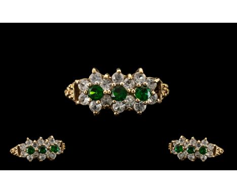 9ct Gold Gem Set Ring. Antique / Vintage Gem Set Ring with Green and White Set Stones. Lovely Design and Quality. 
