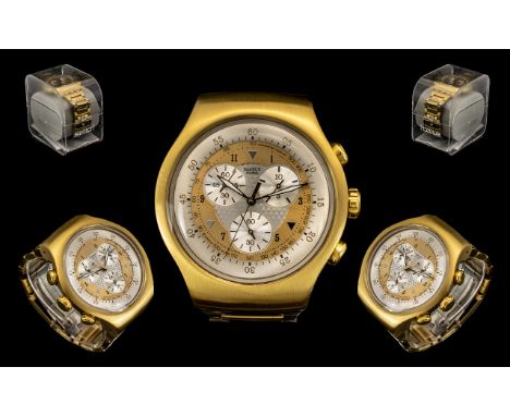 Swatch - Irony Stainless Steel Gold Coloured Chronograph Wrist Watch of Large Proportions. No SR936SW. With Box, Receipt and 