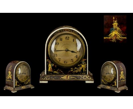 1930's Dome Topped Bedside/Mantel Clock, decorated with gilt and Oriental figures; 7 inches (17.8cms) high; A/F