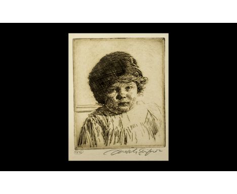 Joseph Simpson - Original Etching of a Child - Titled ' The Fur Cap ' Pencil Signed to the Margins 69/75. Unmounted, Size 8 x