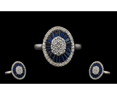 18ct White Gold - Superb Star Burst Designed Sapphire and Diamond Set Dress Ring, Set with Over 60 Diamonds of Good Colour an