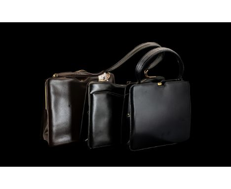 Three Vintage English Leather Ladies Handbags. From the 1960's. In Good Condition. 