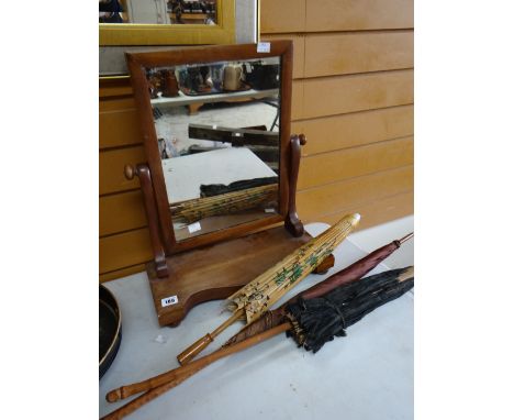 Vintage mahogany toilet mirror and three parasols Condition reports provided on request by email for this auction otherwise i