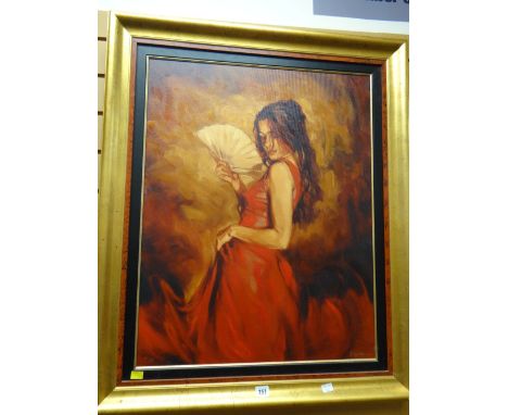 MARK SPAIN giclee print on canvas - glamorous lady in red dress with fan, entitled verso on certificate of authenticity from 