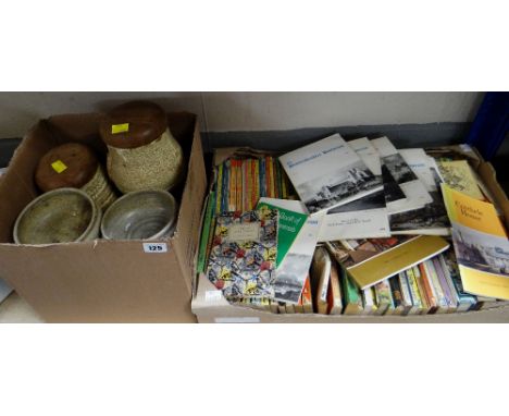 Collection of vintage Ladybird books, paperbacks and Pembrokeshire Historian earthenware storage jars ETC Condition reports p