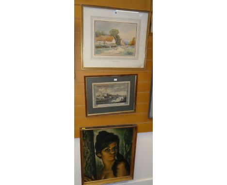 STEWART BROOKE framed watercolour - entitled 'A Village Near Banbury in Oxfordshire' together with a framed coloured print 'V