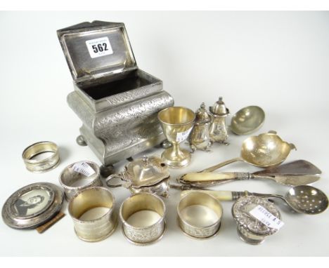 A nineteenth century engraved white metal tea caddy together with sundry flatware, scrap items of silver, five silver napkin 