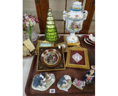 Two Nao pottery puppy groups, sundry reproduction fancy pictures, a Continental porcelain twin-handle lidded vase ETC Conditi