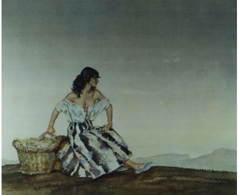 WILLIAM RUSSELL FLINT Frost &amp; Reed coloured print - seated female with baskets in colourful dress, entitled 'Criselda', s