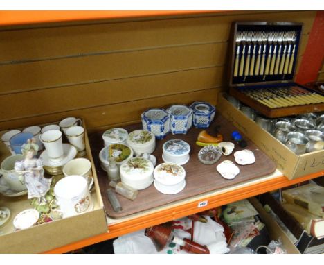 Collection of various china and EPNS including Royal Worcester harp decorated coffee cans, boxed fish knives and forks Condit
