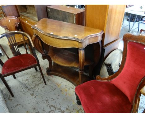 Two velvet covered antique chairs together with a mahogany three-tier console table Condition reports provided on request by 