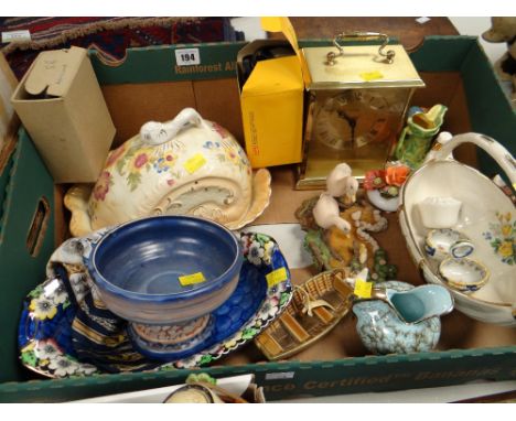 Box of mixed china including Carltonware tazza, modern brass effect mantel clock, Maling ware bowl ETC Condition reports prov