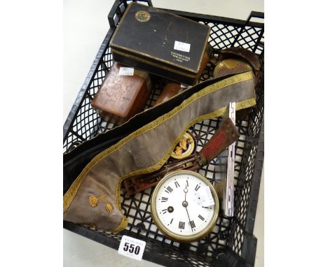 Black plastic tray containing interesting curios and antiques including Broadhurst Clarkson four-draw telescope, vintage comp