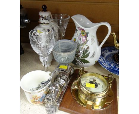 Portmeirion 'Botanic Garden' jug, Masons Blue Mandalay lidded vase, brass porthole-style barometer ETC Condition reports prov