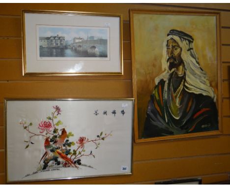 Framed oil on board of an Arab male, framed Oriental embroidered silk with two birds and another print, various sizes Conditi