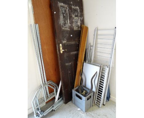 Vintage aluminium shelving, vintage soda syphons, antelope horns, wooden door ETC Condition reports provided on request by em