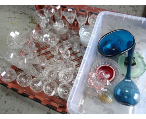 Crate of various drinking glasses and some coloured art glass Condition reports provided on request by email for this auction