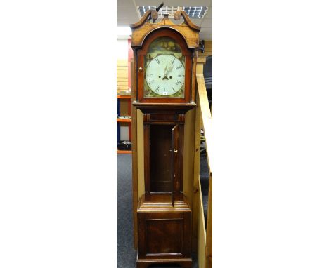 Early nineteenth century eight-day longcase clock with painted dial, broken-swan-pediment on bracket feet (distressed), 208cm