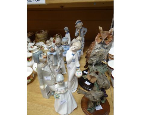 Ten Spanish factory porcelain figures including Nao together with two pottery bird sculptures Condition reports provided on r