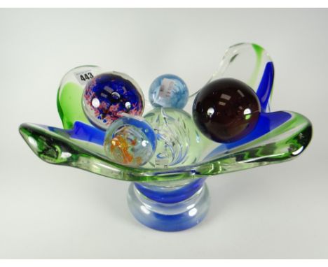 An art-glass centre dish and five twentieth century glass paperweights including Wedgwood Condition reports provided on reque