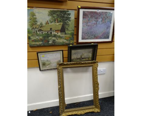 A BELL oil on canvas - figure outside Anne Hathaway's&nbsp; thatched house in Stratford together with a framed watercolour of