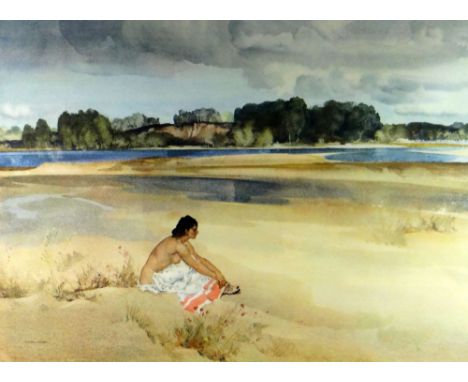 WILLIAM RUSSELL FLINT Frost &amp; Reed coloured print - semi-clad female seated on the sand with woodland in background, sign