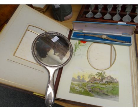 Victorian brass clasp photograph album, a vintage ladies watch and a silver backed mirror (mirror and watch in cabinet with u