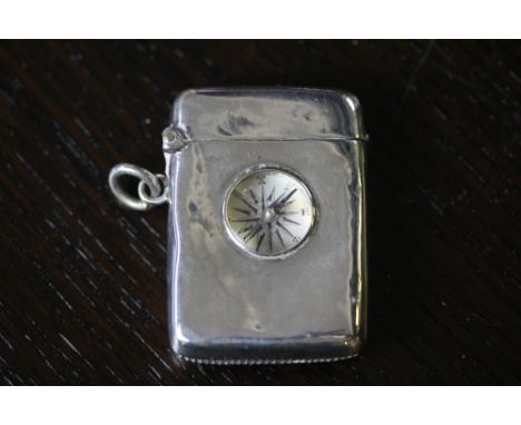 Edwardian VII silver vesta case, front inset with compass, Birmingham 1901