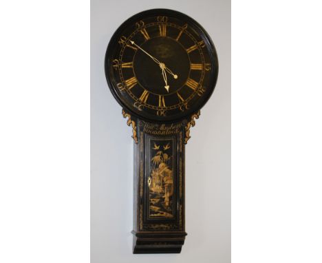 Important 18th Century black lacquered Chinoiserie cased Act of Parliament or Tavern clock by William Mayhew of Woodbridge, t